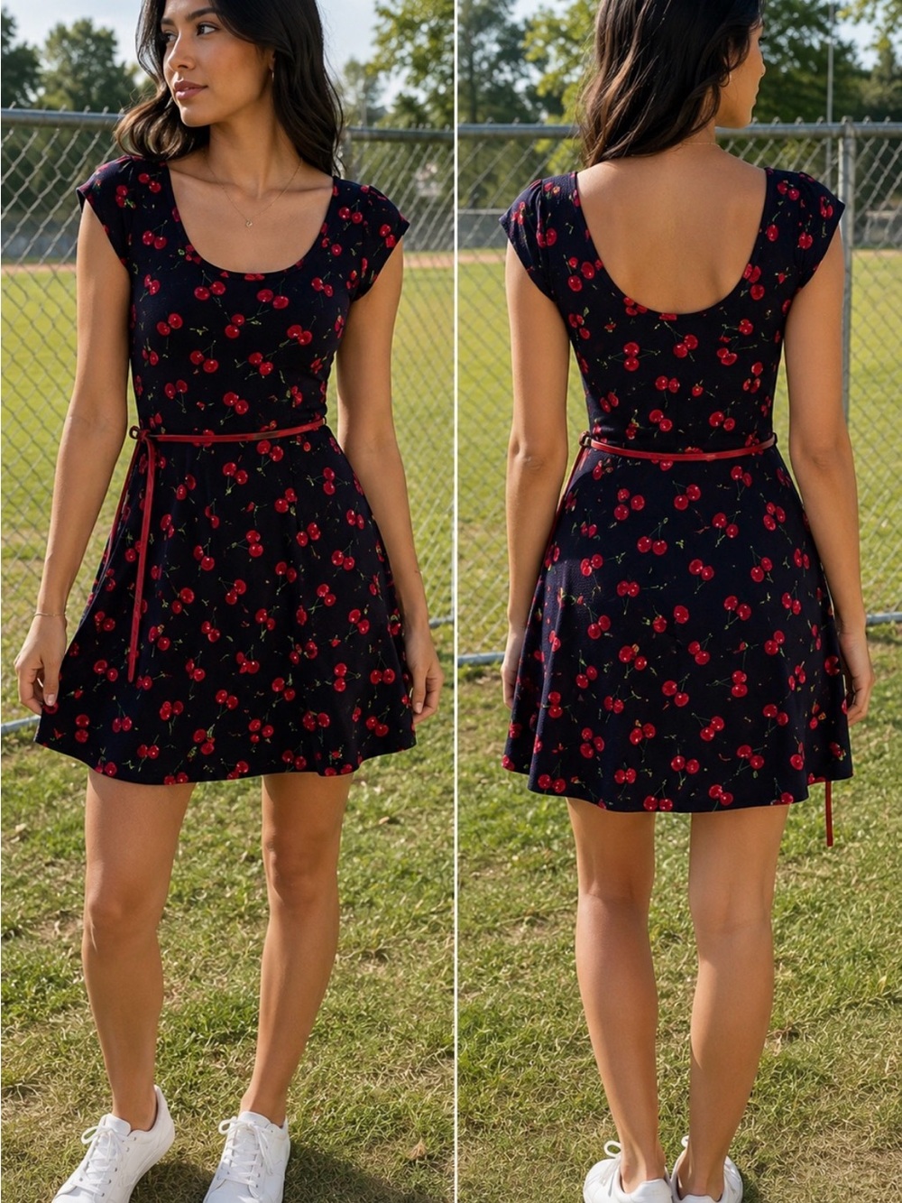 Iris Basic Black Mini Dress with Red Cherry Print